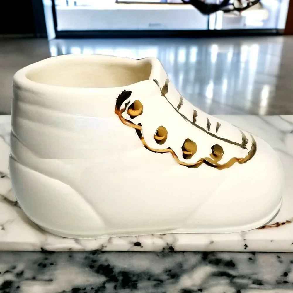 Vintage Porcelain Baby Bootie Shoe Handmade & Hand Painted Keepsake W/ Gold Trim